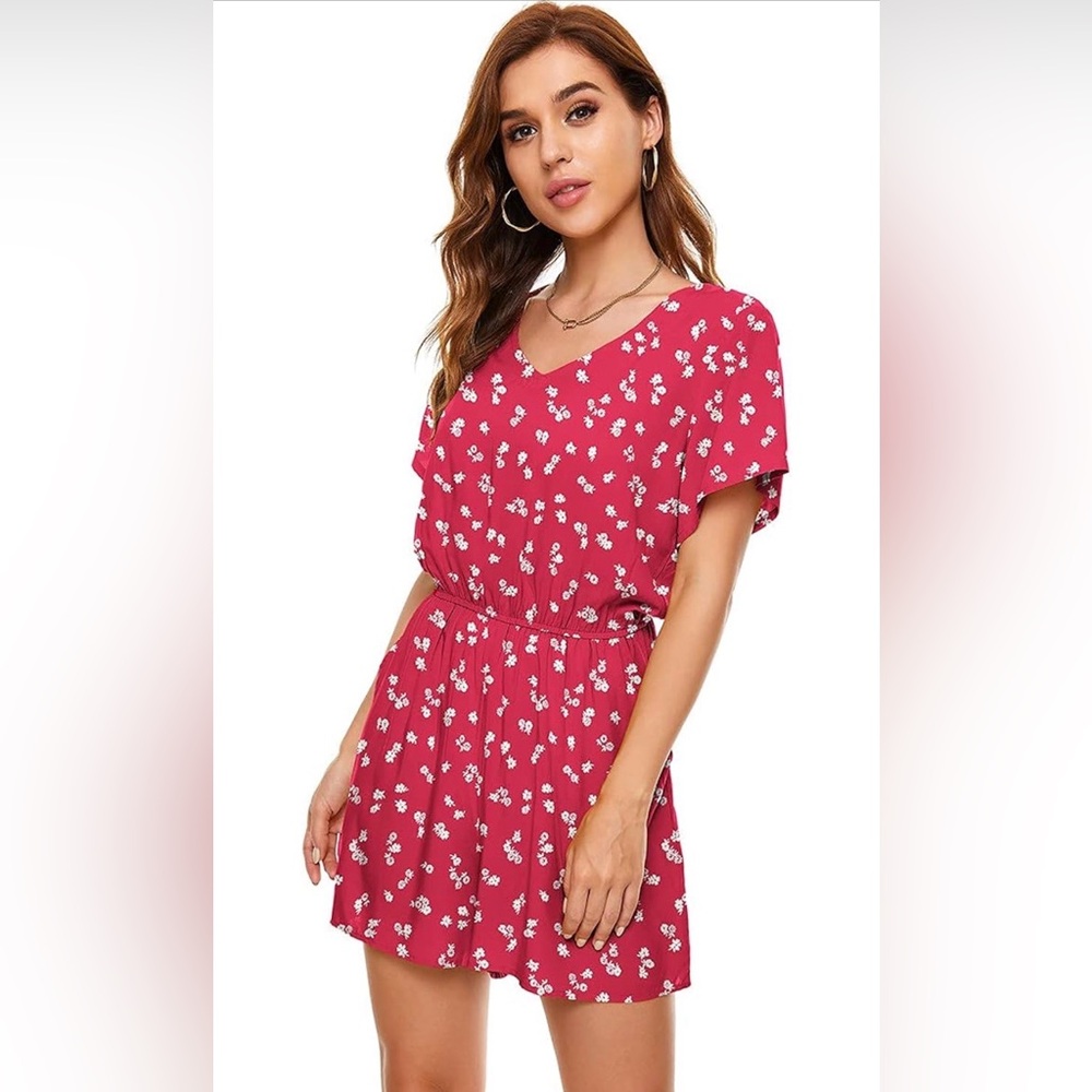 Red Floral V-Neck Midi Dress